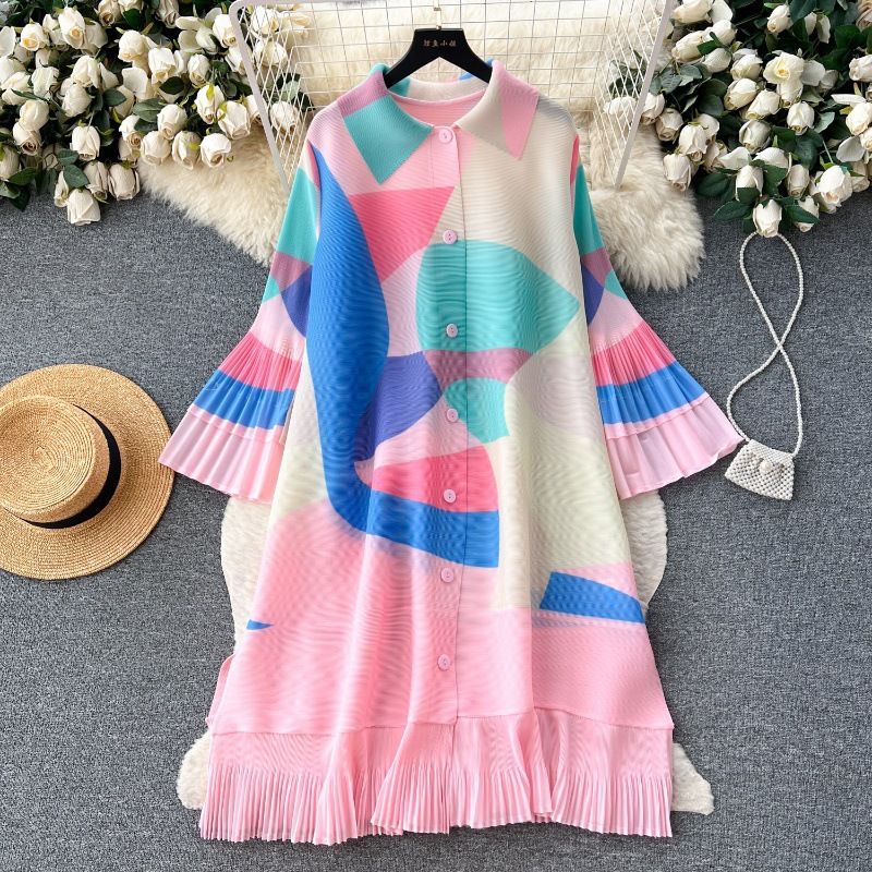 Women's French Retro Pleated Print Dress High End Loose Slim Casual Mid Length Skirt With Tie Waist For Summer_ecoleips.com