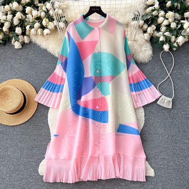 Women's French Retro Pleated Print Dress High End Loose Slim Casual Mid Length Skirt With Tie Waist For Summer_ecoleips.com