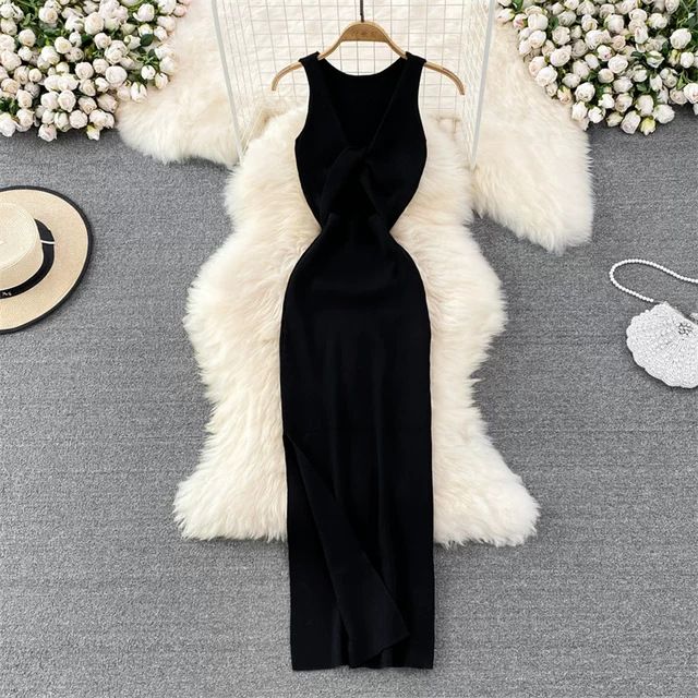 Summer Sexy Slim Fit Vest Dress Backless Sleeveless Mid Length Slit Knit Bodycon New_ecoleips.com