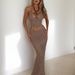 Fashionable Two Piece Set European American Style Beaded Back Tie Top Hollowed Out Textured Bodycon Midi Skirt Beachwear_ecoleips.com
