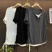 Fat MM Extra Large Size 150kg Summer Loose Contrasting Color Splicing Fake Two-piece Drawstring Design Short-sleeved T-shirt Top Women_ecoleips.com