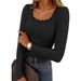 Women's Y2K Style Solid Color Lace Patchwork Long Sleeve T-Shirt Square Neck Slim Fit Casual Knit Top Comfortable Design_ecoleips.com