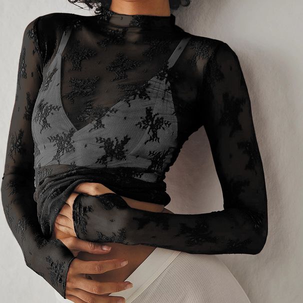 Independent Website New Lace Top Sexy Hollow-out Women's Casual Inner Wear Long-sleeve Mesh Base Shirt_ecoleips.com