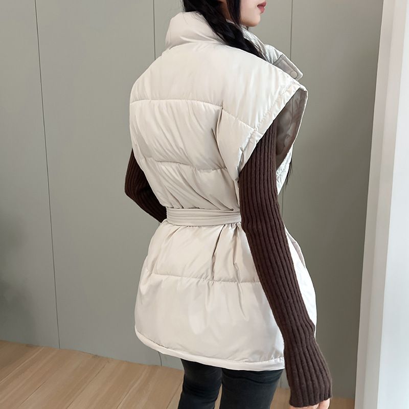Women's Quilted Vest Winter Stand Collar Loose Fit Thickened Waist-Cinching Puffer Sleeveless Jacket (Black, White, Khaki, Coffee, Angora Red)_ecoleips.com