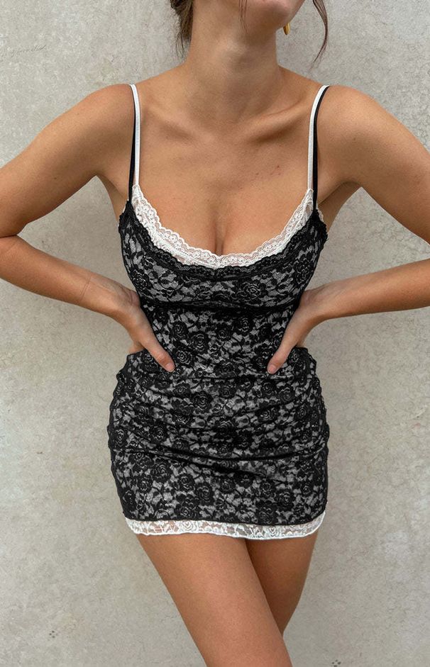 Women's Clothing Women's Black White Color Block Lace Two Piece Slip Dress With Lace Trim For Formal & Casual For Women_ecoleips.com