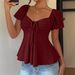Summer New Women's V Neck Short Sleeve T-Shirt Sexy Solid Color Drawstring Top American Style_ecoleips.com