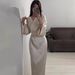 Women's Clothing Women's Long Satin Dress With Chain Detailing Elegant Waist Cinching Solid Color Style Spring Dress_ecoleips.com