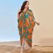 Floral Print Muslim Maxi Dress With Elegant V-Neck - Breathable Polyester Satin Fabric For Women (One Size, Long Sleeve, Asymmetrical Hem)_ecoleips.com
