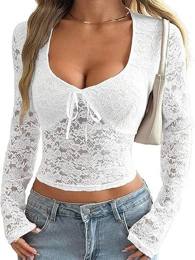 Women's Long Sleeved Lace V Neck Mesh Cropped Shirt Sexy Cute Y2K Autumn Fashion Top For Women_ecoleips.com