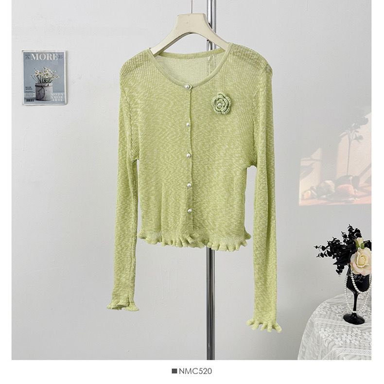 Women's Clothing Thin Round Neck Splicing Flower Short Long Sleeve Knitted Sun Protection Shirt Summer New Slim Fit Small Cardigan Top_ecoleips.com