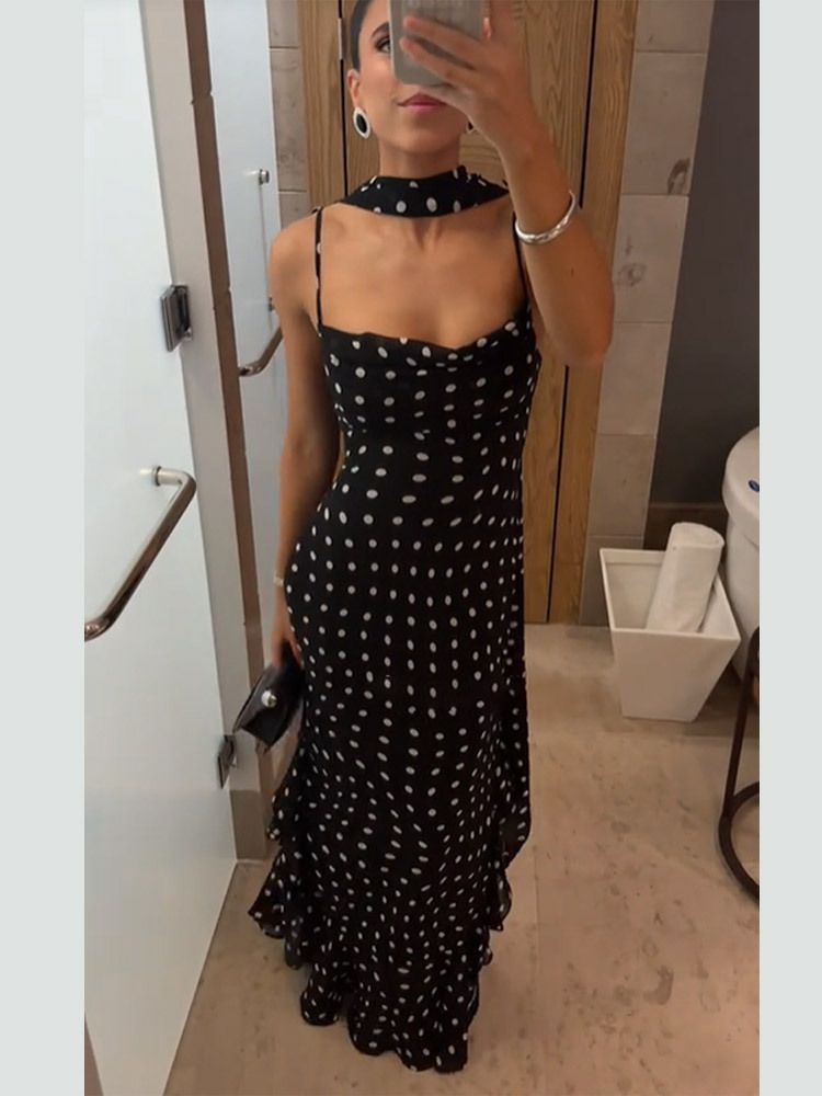 Women's Clothing Summer New Style Temperament High End Sleeveless Polka Dot Scarf Collar Ruffled Suspender Dress_ecoleips.com