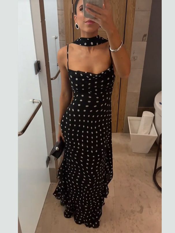 Women's Clothing Summer New Style Temperament High End Sleeveless Polka Dot Scarf Collar Ruffled Suspender Dress_ecoleips.com