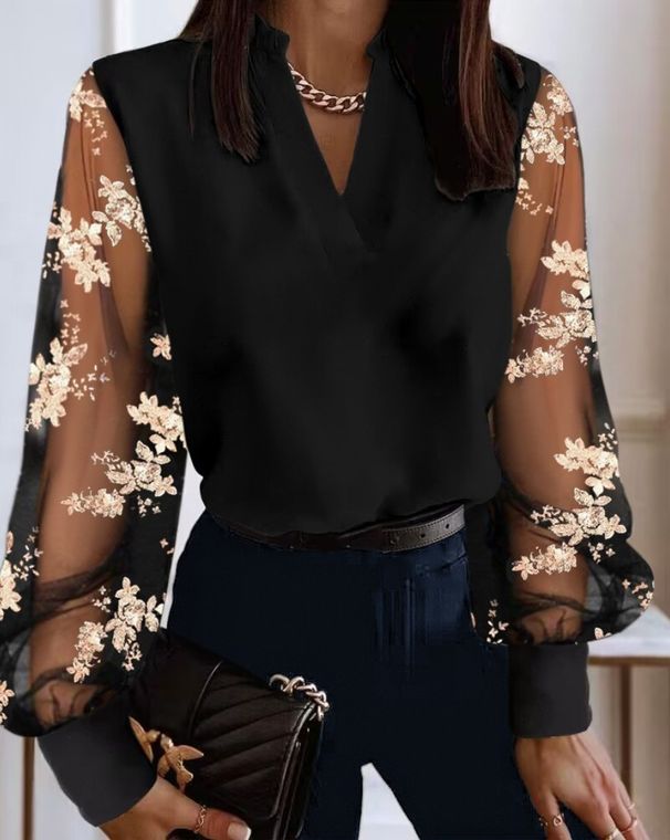 2023 Independent Website Autumn/Winter New Fashion V-Neck Lace Long Sleeve Shirt Women's Clothing_ecoleips.com