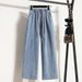 Plus-size Women's Elastic Waist Jeans, Mid-rise, Slimming, Thin Straight-leg Pants, Loose And Versatile Wide-leg Pants_ecoleips.com