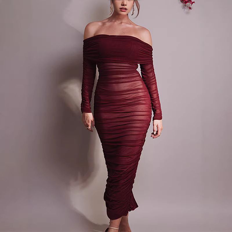 Burgundy Off-Shoulder Mesh Dress European American Style Long Sleeve Pleated Slim Fit Maxi Dress for Women Banquet Occasion_ecoleips.com