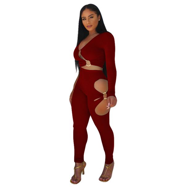 Sexy Ribbed V-Neck Two-Piece Set – Stretchy High-Waist Pants & Long-Sleeve Top For Women (S-XXL, 6 Colors)_ecoleips.com