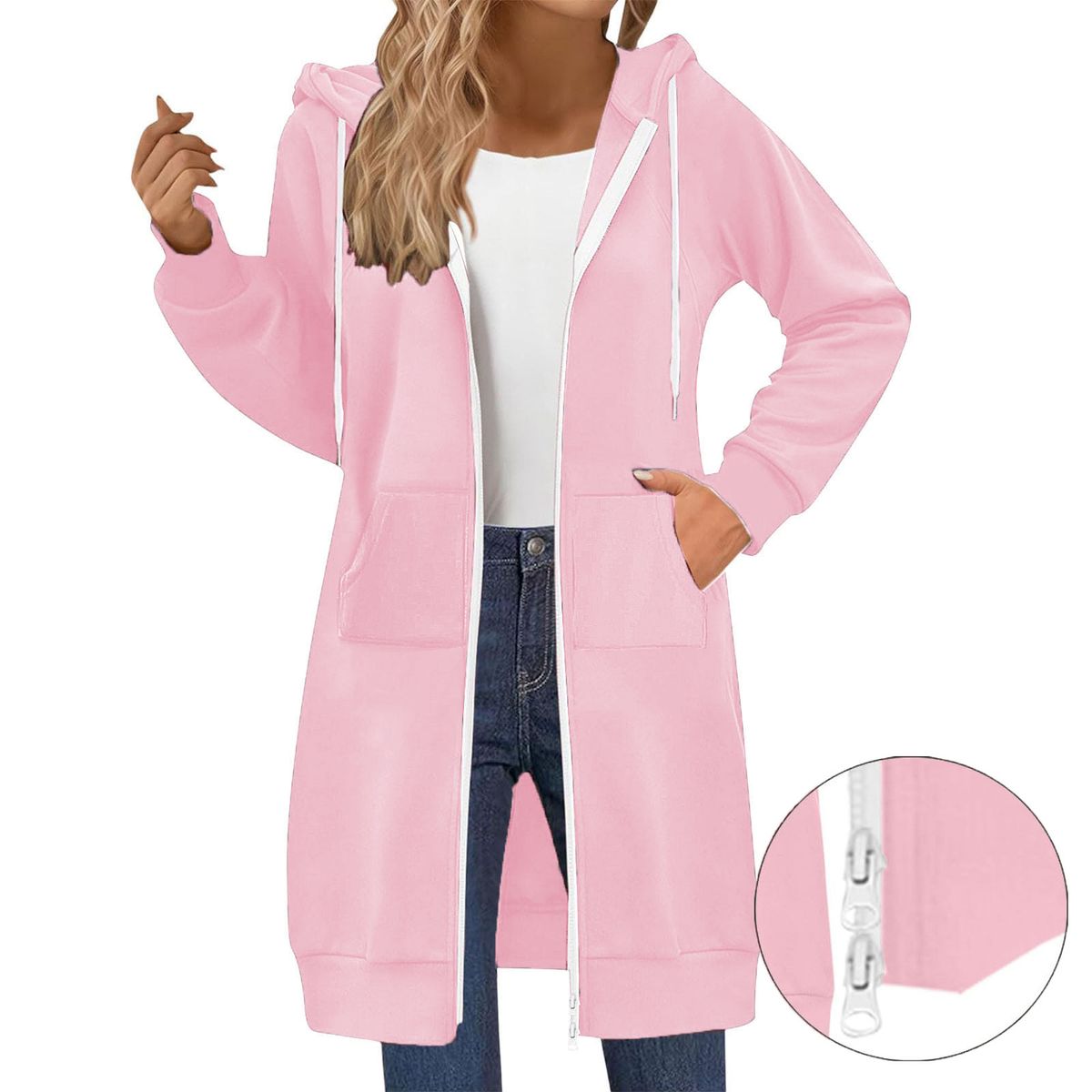Trendy Oversized Zip-Up Hoodie For Women – 2025 Fall Streetwear With Geometric Patterns, Mid-Length Korean Style Fleece Jacket_ecoleips.com
