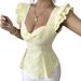 2026 Women's New Fashion Solid Color Jacquard Top Asymmetrical Heart Neckline Double Bubble Sleeves_ecoleips.com