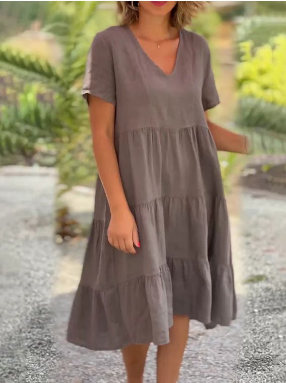 Summer Women's V Neck Casual Dress Sweet Fresh Style Solid Color Large Swing Skirt Dress New Fashion_ecoleips.com