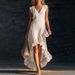 Bohemian V-Neck Maxi Dress for Women Sleeveless Cotton-Linen Blend Summer Dress with Flowy Ruffle Detail_ecoleips.com