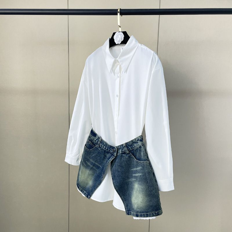 Stylish Denim And White Shirt Two-Piece Set, Long Sleeve Lapel Top With Detachable Waist Accent For Women_ecoleips.com
