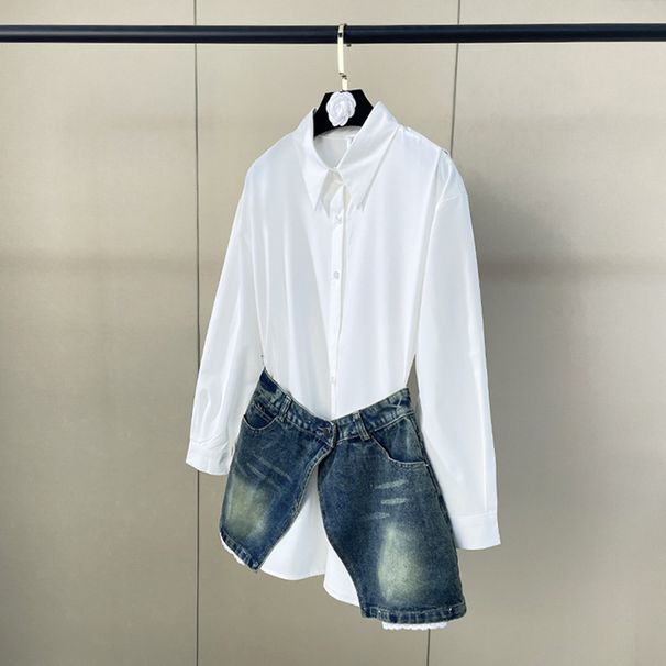 Stylish Denim And White Shirt Two-Piece Set, Long Sleeve Lapel Top With Detachable Waist Accent For Women_ecoleips.com