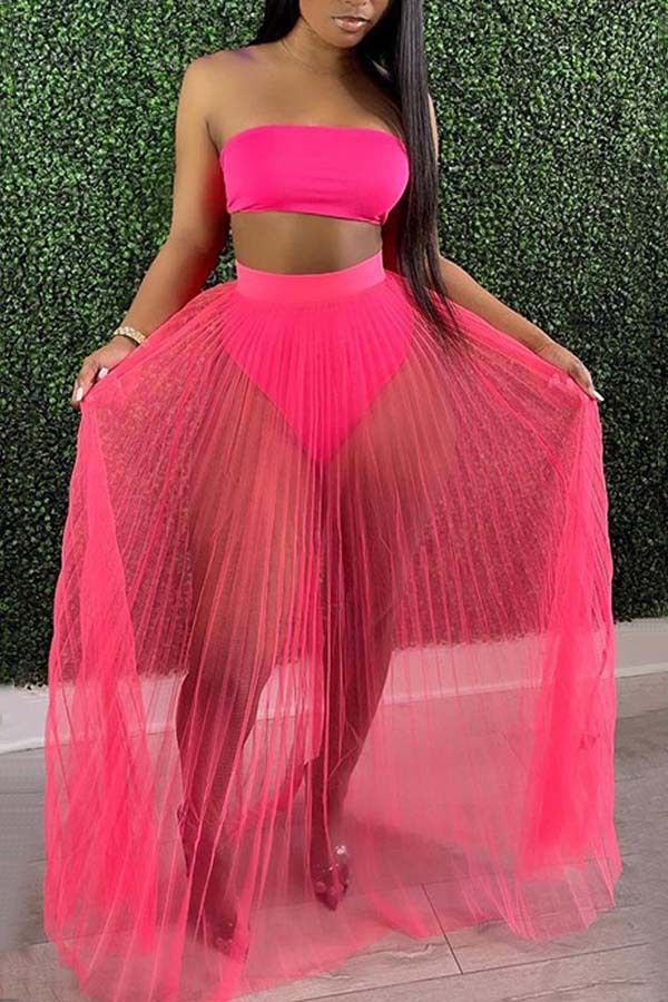 Women's Clothing Sexy Mesh Pleated Skirt Suit Chest Wrap Top Three Piece Skirt_ecoleips.com