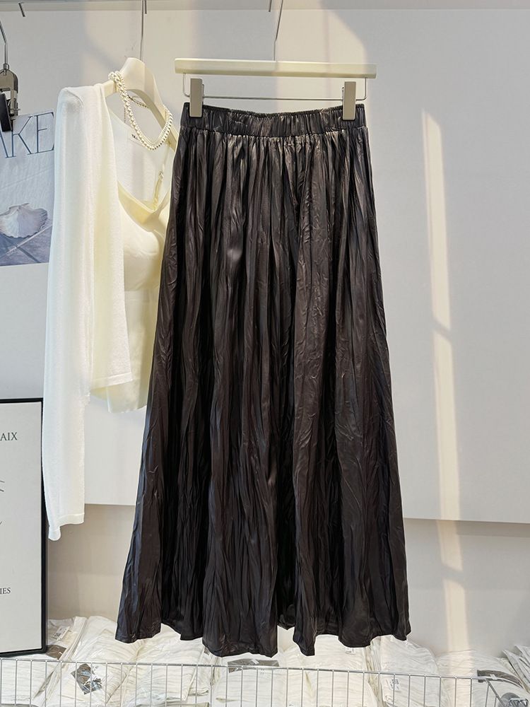 Verve 2025 Autumn New Leather Long Irregular Pleated A-line Flared Skirt_ecoleips.com