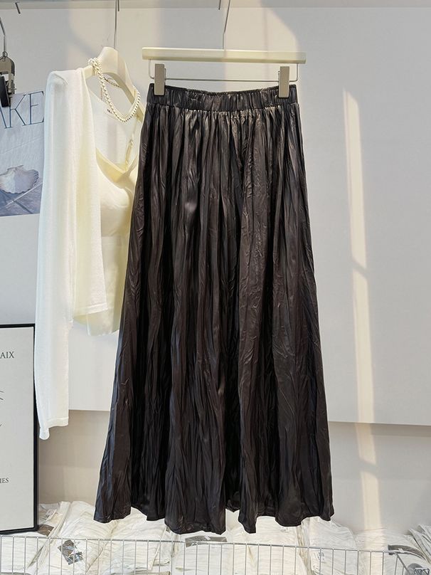 Verve 2025 Autumn New Leather Long Irregular Pleated A-line Flared Skirt_ecoleips.com
