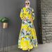 Women's Clothing Elegant Long Sleeved Waist Slimming Printed Pleated Large Swing Dress_ecoleips.com