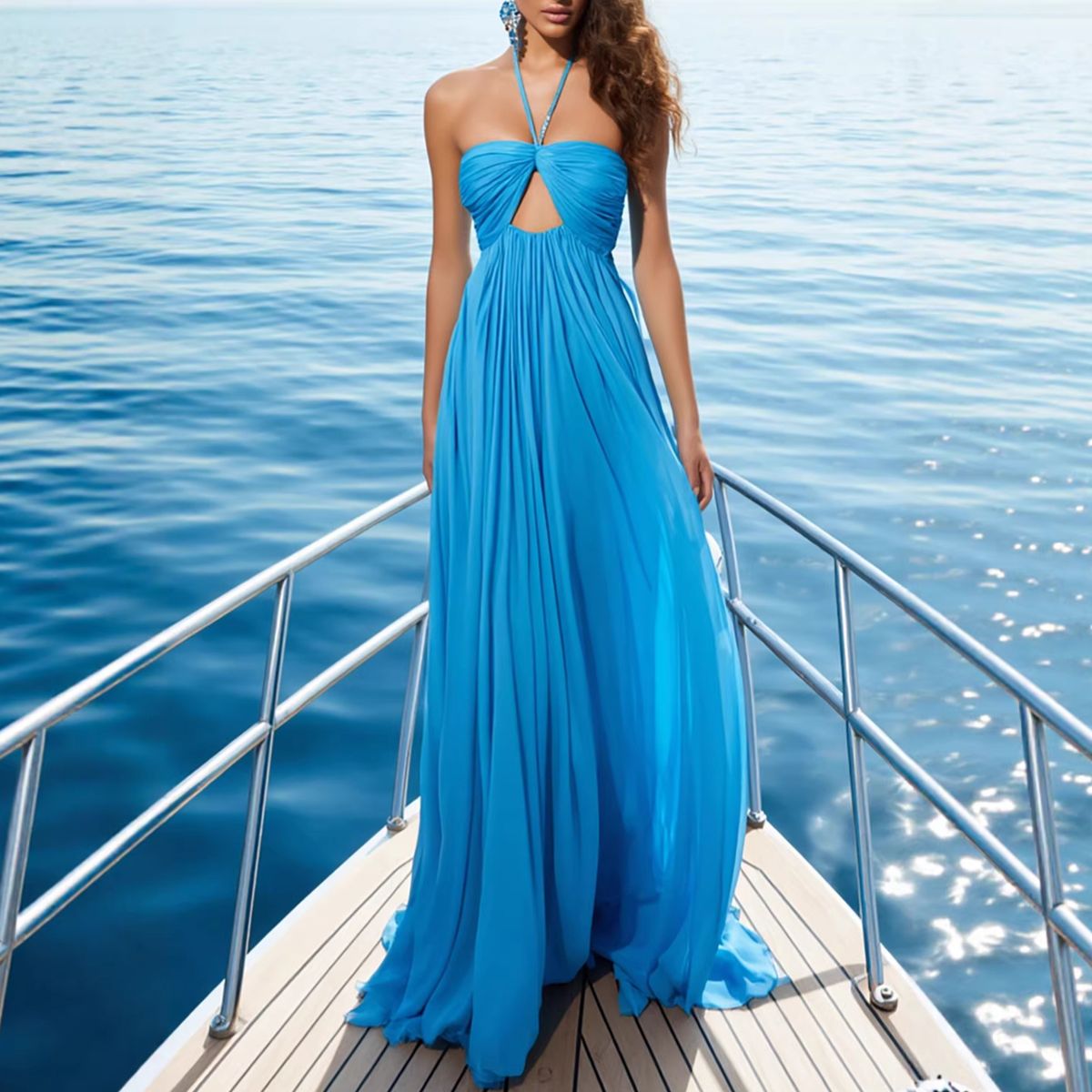 Women's Solid Color Strapless Pleated Sleeveless Halter Neck Mini Dress_ecoleips.com