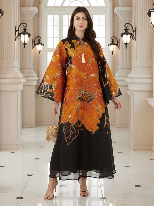 Modest Abaya Dress Elegant Stylish Muslim Robe Dress For Women Middle East Floral Art Pattern Polyester Women's Clothing_ecoleips.com