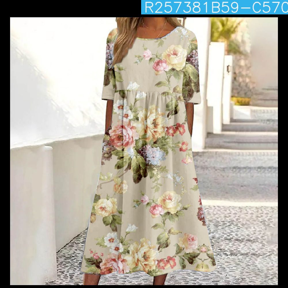 Women's Mid-Waist Summer Casual Round Neck Printed Flared Dress_ecoleips.com