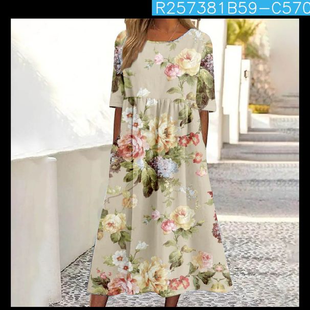 Women's Mid-Waist Summer Casual Round Neck Printed Flared Dress_ecoleips.com