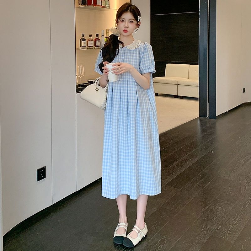 Summer New Korean Fashion Lace Collar Plaid Maternity Dress_ecoleips.com