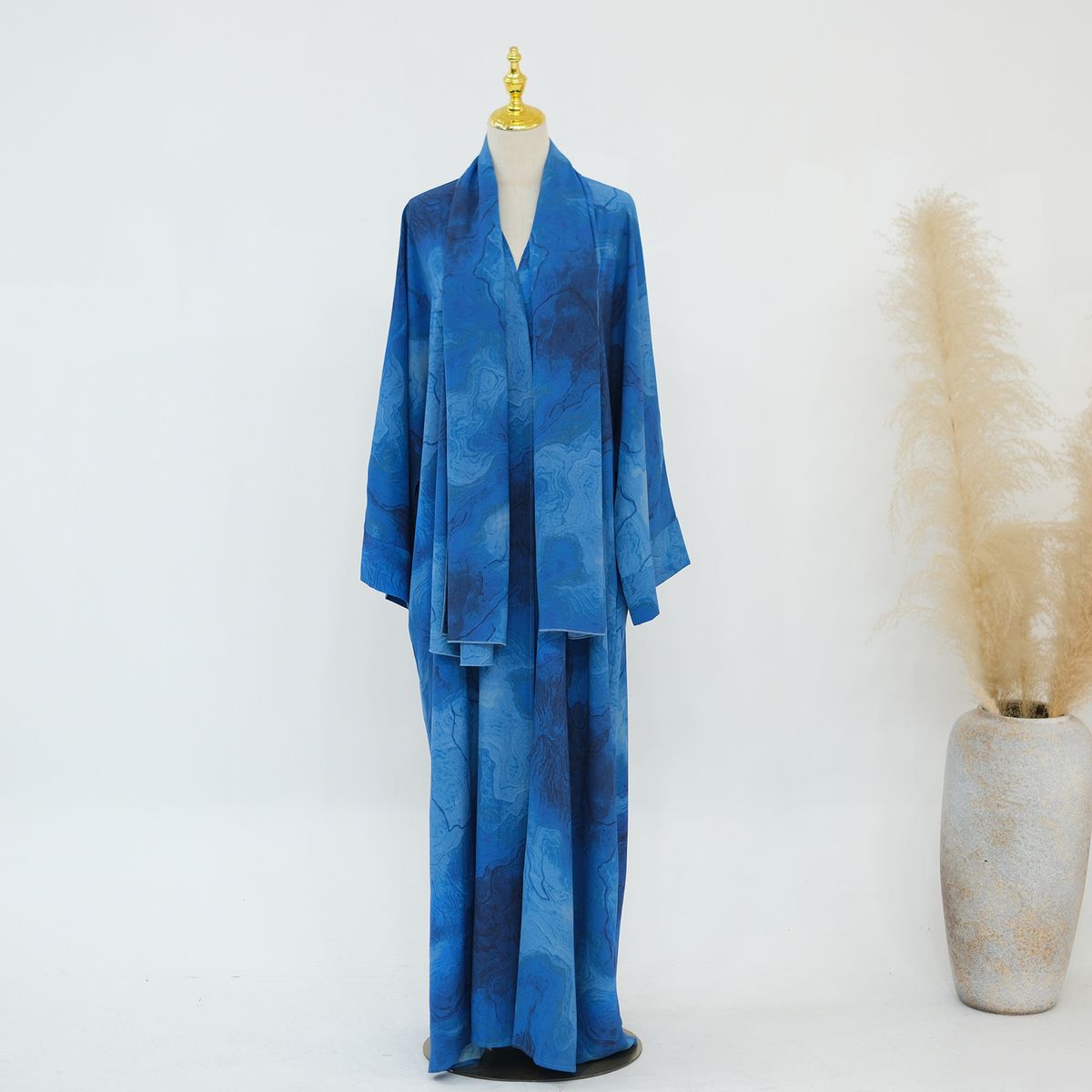 Modest Abaya Dress Floral Print Cardigan & Scarf Set – Modest Fashion Cover-Up For Women (Blue/Coffee/Gray)_ecoleips.com