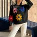 Embroidered Crochet Sweater – Boho Chic Loose Knit, Floral Detailing (Black/White, One Size)_ecoleips.com