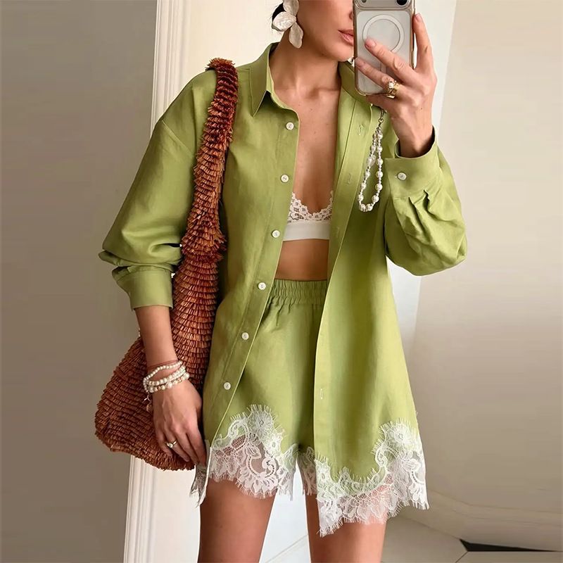 Spring Women's Fashion Casual Solid Color Lace Patchwork Shorts Set Clothing_ecoleips.com