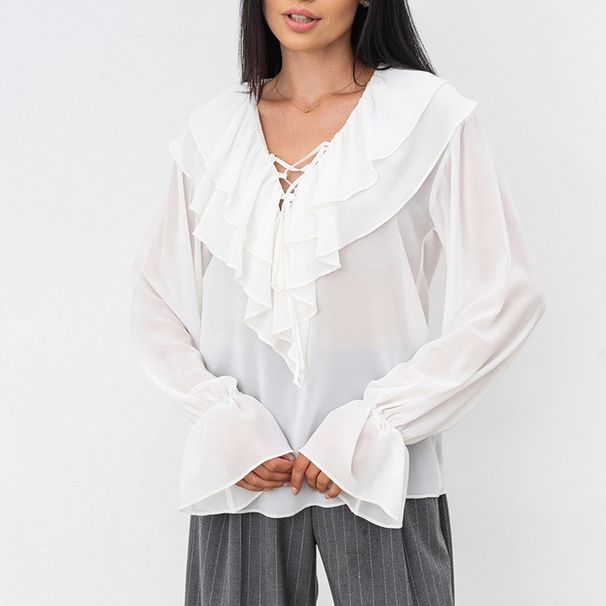 Commuting White Chiffon Shirt For Women, 2026 Spring New Design, Loose Fit Pullover With Ruffled V-Neck_ecoleips.com