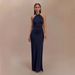 Elegant Halter Neck Bodycon Dress for Women Sleeveless High Waist A-Line Long Dress with Belt Detail Polyester Stretchy Slim Fit for Party Office Wear_ecoleips.com
