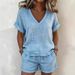 Summer Collection Solid Color V Neck Loose Casual Cotton Linen Set Short Sleeve Top And Shorts Women's Clothing_ecoleips.com