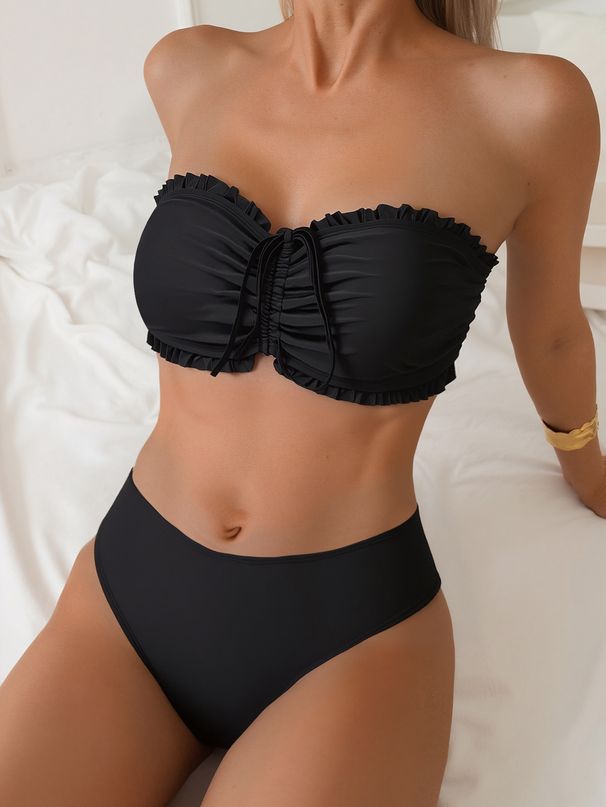 European American Style Ruffled Halter Neck Bikini Set Strapless Bra Tight Fitting Two Piece Women's Swimwear_ecoleips.com
