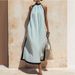 Women's Color Block Off Shoulder Halter Linen Dress – Loose Fit Boho Casual Resort Gown_ecoleips.com