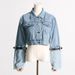 Women's Casual Fashion Short Denim Jacket Color Block Belted Baseball Jacket Indigo Blue Solid_ecoleips.com