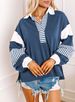 K Casual Versatile Deep V-neck Pullover With Striped Color Blocking Long Sleeved Loose Hoodie Top. No Necklaces Or Other Accessories_ecoleips.com