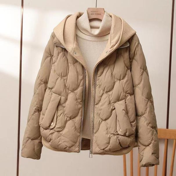 Women's Clothing Women's Winter Hooded Puffer Jacket Short Style Faux Two-Piece Coat Loose Fit Fashionable Thickened Warm Quilted Outerwear_ecoleips.com