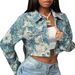 Women's Floral Print Cropped Denim Jacket Set, Long Sleeve Button Down Crop Coat & High Waist Jeans 2 Piece Outfit, Casual Streetwear Daily Wear Match_ecoleips.com