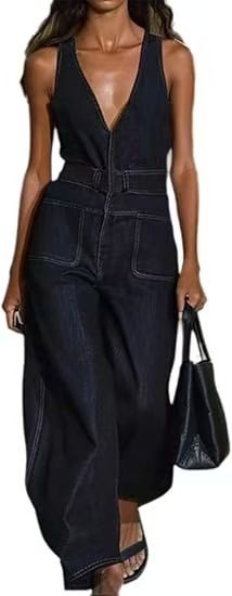 New Arrival Women's Casual Fashion Deep V Neck Sleeveless Denim Jumpsuit American Style Wide Leg Jumpsuit_ecoleips.com