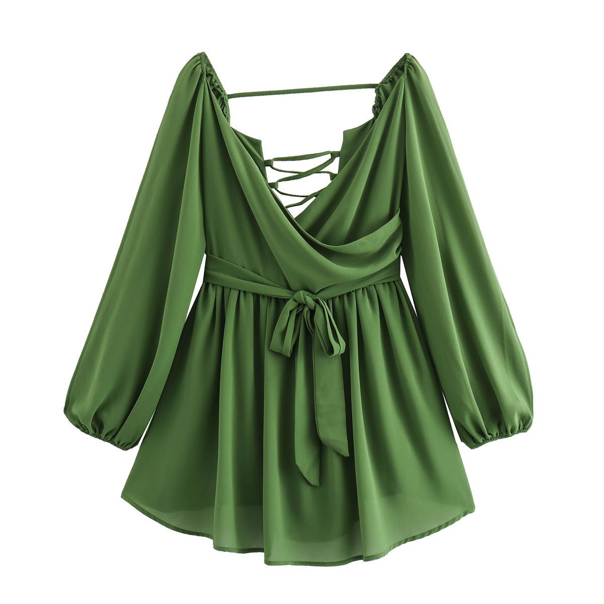 Elegant V-Neck Off-Shoulder Ruffle Dress With Tie Sleeves - Flowy Summer Midi Dress For Women Flattering V-Neck Off-Shoulder Design_ecoleips.com
