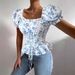 Women’s Clothing French Print Square Collar Puff Sleeve Waist Drawstring Shirt Short Top Floral_ecoleips.com